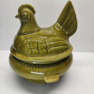 Vtg California Pottery Hen-On-Nest Retro Green Covered Dish Ceramic Bowl #40